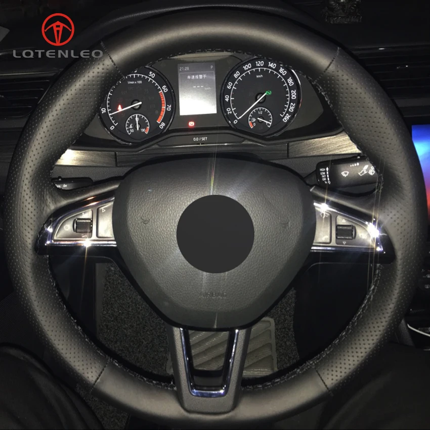 

LQTENLEO Black Genuine Leather Car Steering Wheel Cover for Skoda Octavia Superb Yeti 2013-2019 Kodia Karoq 2016-2019 Scala 2019