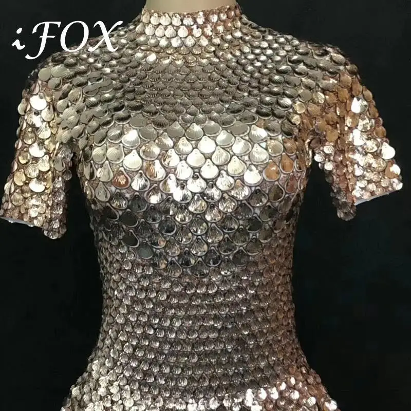 

Sexy Shell Sequins Bodaysuit Women Short Sleeve Nightclub Dress Performance Costumes Dj Singer Stage Clothes Party Outfit