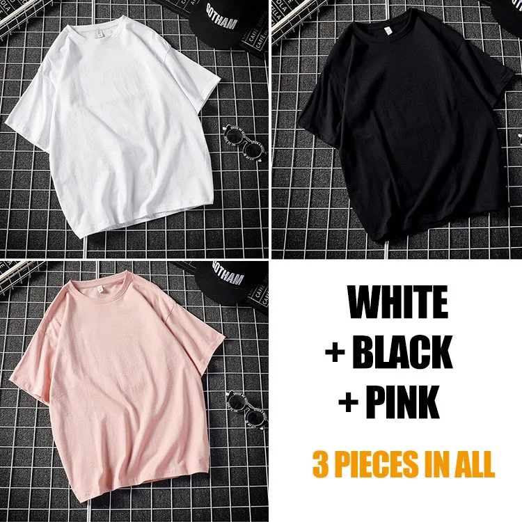Black-White-Pink Распродажа, упаковка из 3 повседневных однотонных хлопковых футболок, мужские белые фиолетовые футболки с коротким рукавом, летние уличные футболки больших размеров BD129 - Цвет: Black-White-Pink
