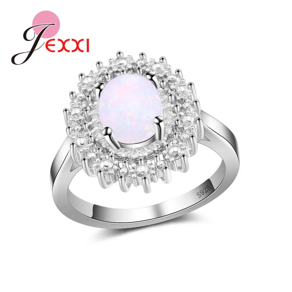 

New Style Retail Big Sunflower Oval White Fire Opal Inlaid Clear CZ 925 Sterling Silver Fashion Women Wedding Finger Rings