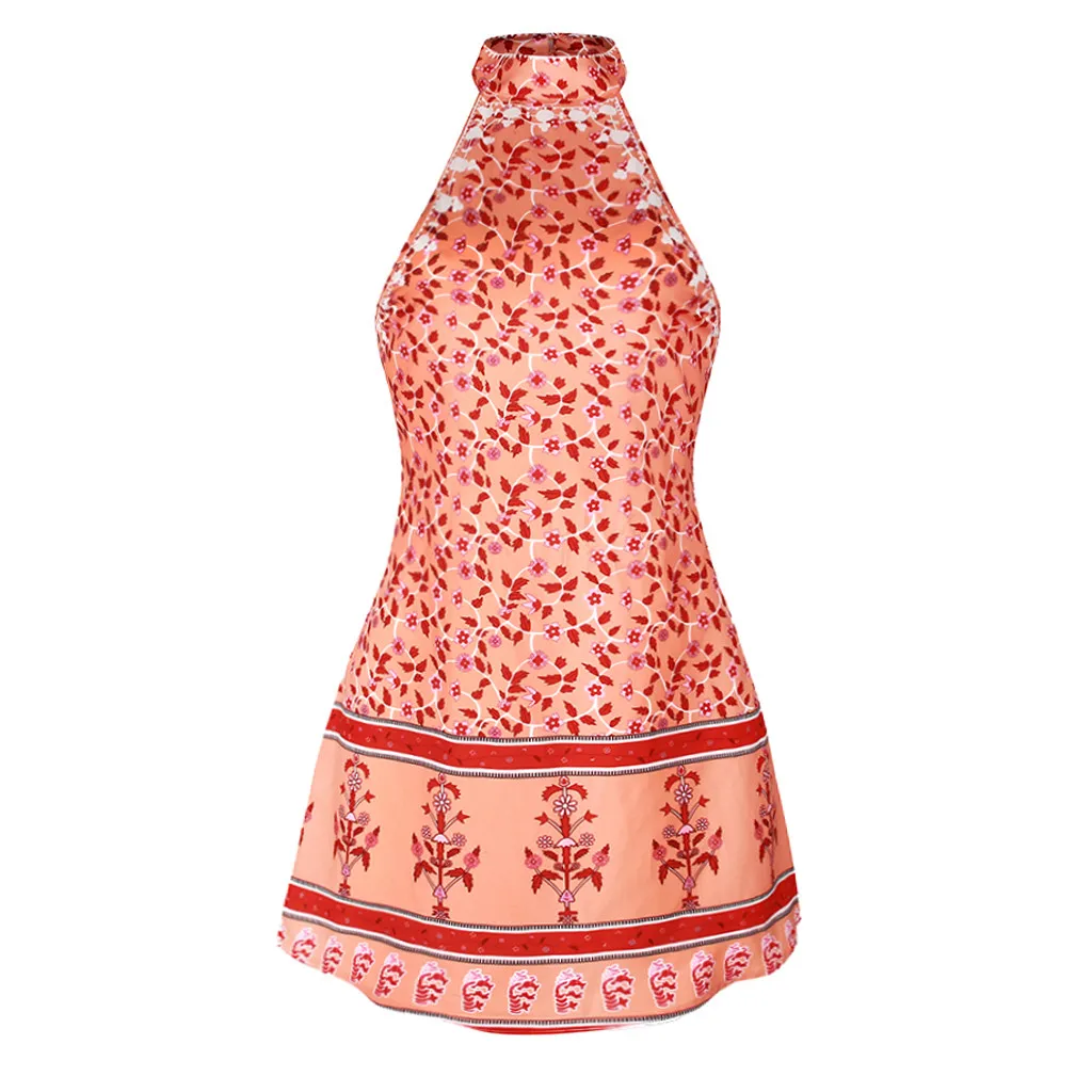 Летнее мини-платье без рукавов в стиле бохо с бретелькой через шею открытой