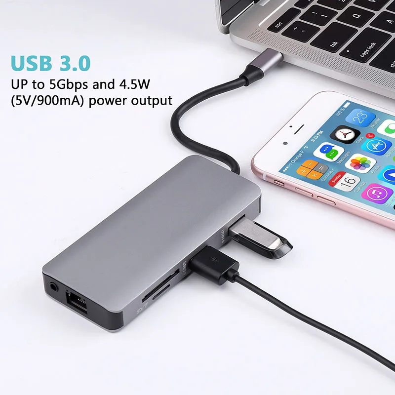 Baolyda USB C HUB 9in1 Thunderbolt 3 Adapter USB Type C HDMI VGA 4K Gigabit Ethernet Montiport Adater for Macbook Pro Type-c PC