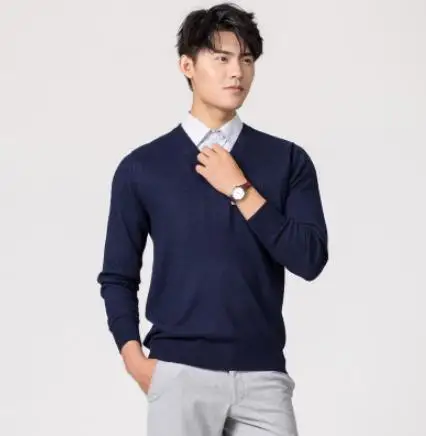 navy blue v-neck Кашемировый хлопковый смешанный пуловер и свитер для мужчин осень зима теплая одежда джемпер hombre robe pull homme hiver вязаный свитер - Цвет: navy blue v-neck