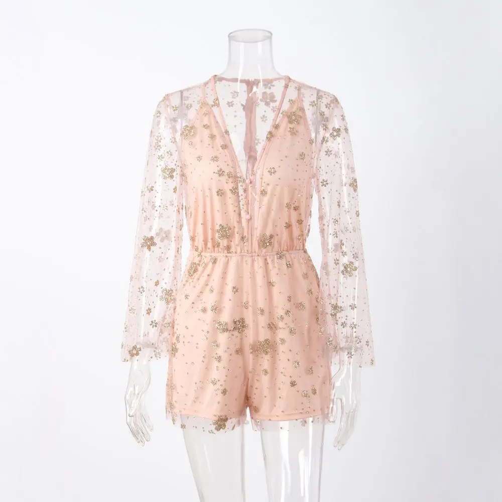 

LKBEST Sexy Deep V-Neck mesh Playsuits Spaghetti Strap Chiffon Jumpsuit Embroidery PINK Open back Short combinaison femme