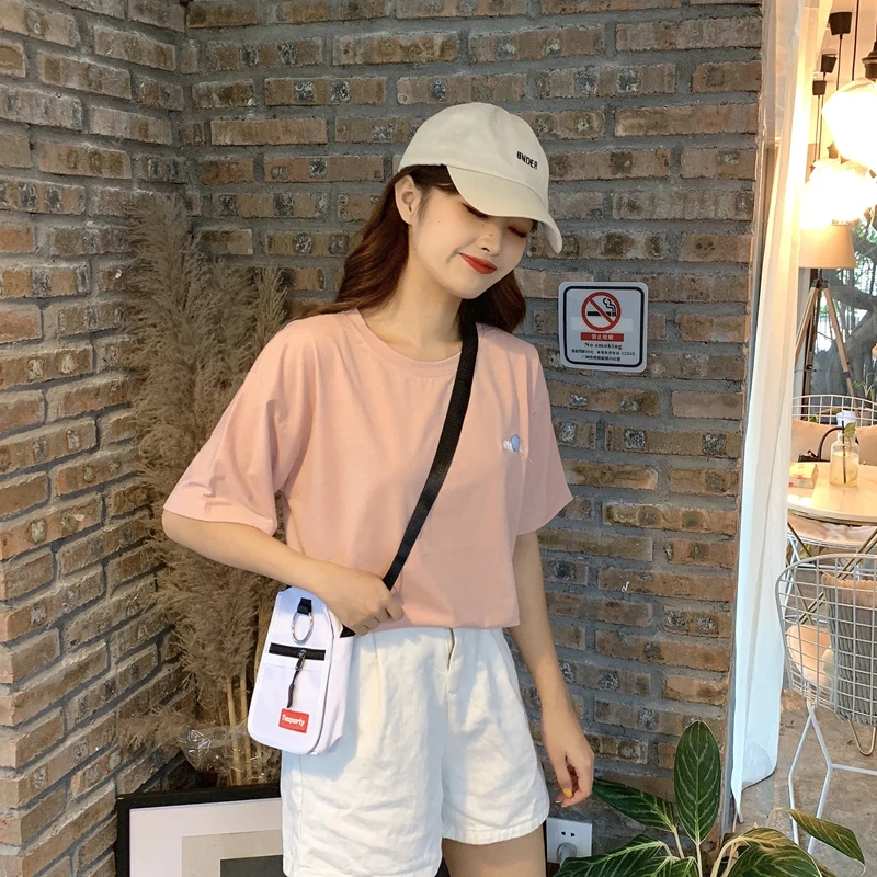 Винтажная футболка женская летняя хлопковая Топ простая вышивка Harajuku футболки Корейская одежда верхняя женская рубашка mujer футболки