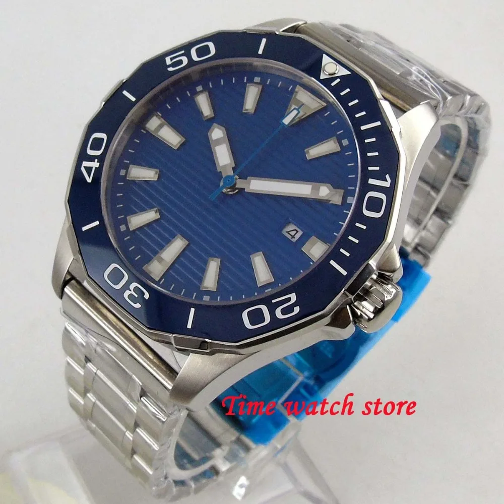 Твердые 45 мм многоугольные мужские часы синий циферблат сапфировое стекло
