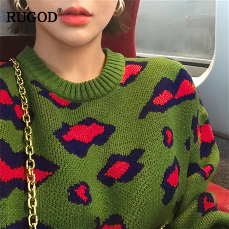 

RUGOD Women Multicolor Elegant Leopard Print Sweater 2019 O-Neck Office Lady Jumper New Autumn Women Campus Highstreet Pullovers