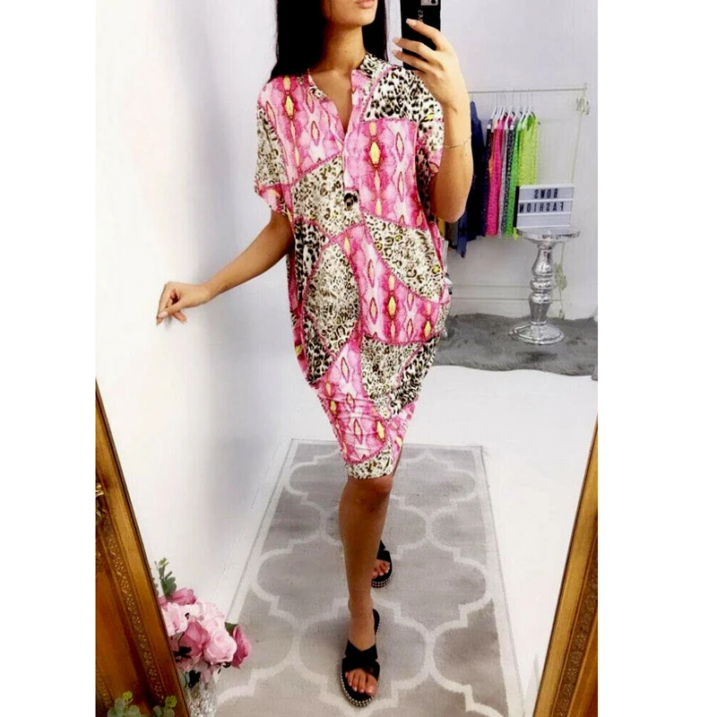 Женское леопардовое платье-рубашка с рукавом летучая мышь повседневное