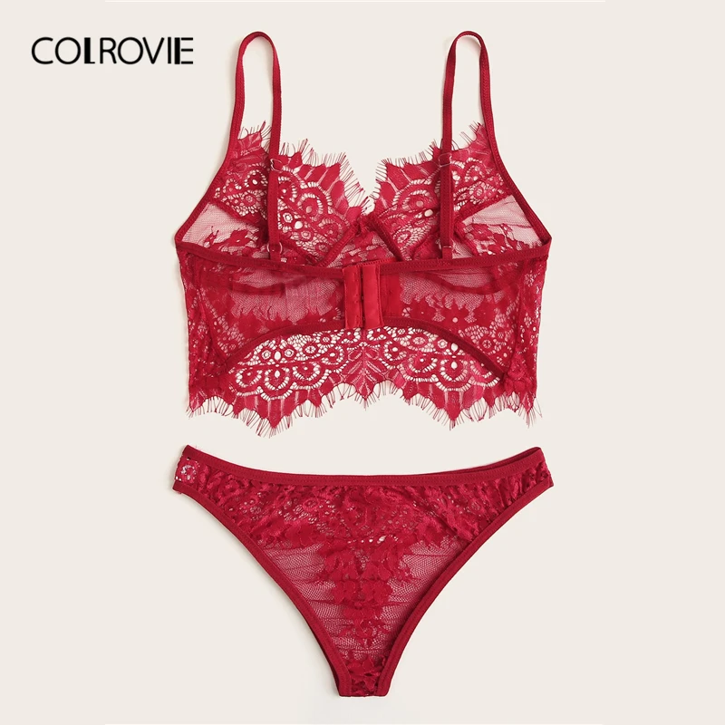 COLROVIE, черный кружевной сексуальный комплект нижнего белья с ресницами, женское нижнее белье,, красный прозрачный бюстгальтер и трусы, Дамский комплект нижнего белья