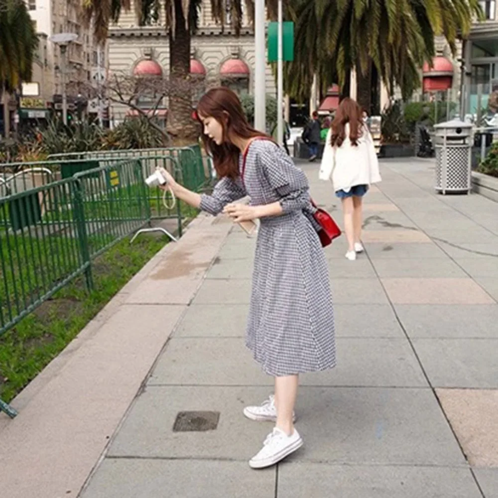 Весенне осеннее женское клетчатое платье повседневное хлопковое средней длины с