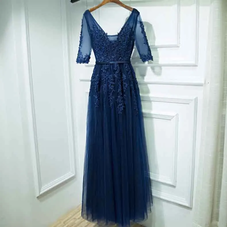 Navy Short Sleeve Серое вечернее платье женское свадебное кружевное платье с вышивкой для невесты красное ковровое платье для женщин темно-синее черное розовое красное размера плюс 5XL 4XL - Цвет: Navy Short Sleeve