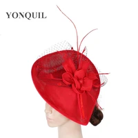 fashion ladies red flower imitation sinamay hat linen bridal pillbox hats with veils for women wedding dress accessories syf258