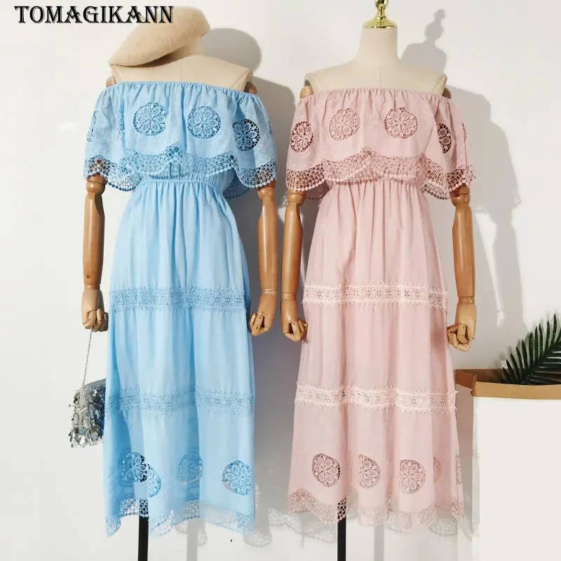 2019 Boho кружева со складками с открытыми плечами женское платье крючком Высокая