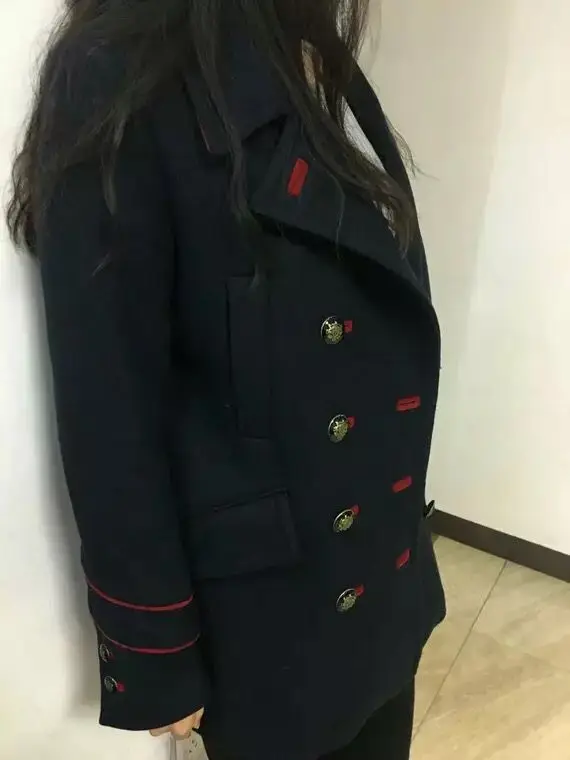 Bootyjeans, Высококачественная Женская одежда, военная форма, зимнее длинное шерстяное пальто, женское двубортное темно-синее Короткое шерстяное пальто