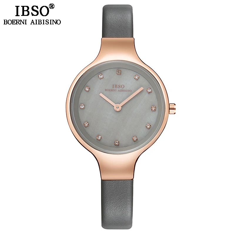 Grey leather IBSO креативные часы с кристаллами и циферблатом для женщин, женские кварцевые часы Reloj Mujer, новинка, модные подарочные часы для женщин#2310 - Цвет: Grey leather