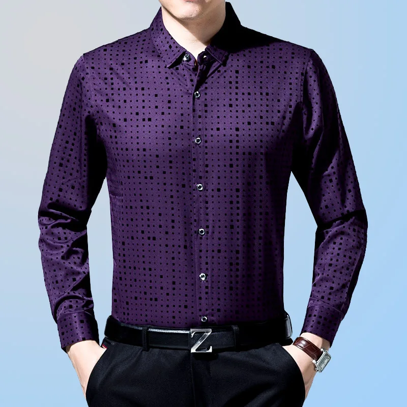 

2019 summer spring shirt spots elegant Lapel high quality men's slim shirt blue purple red XL 2XL 3XL