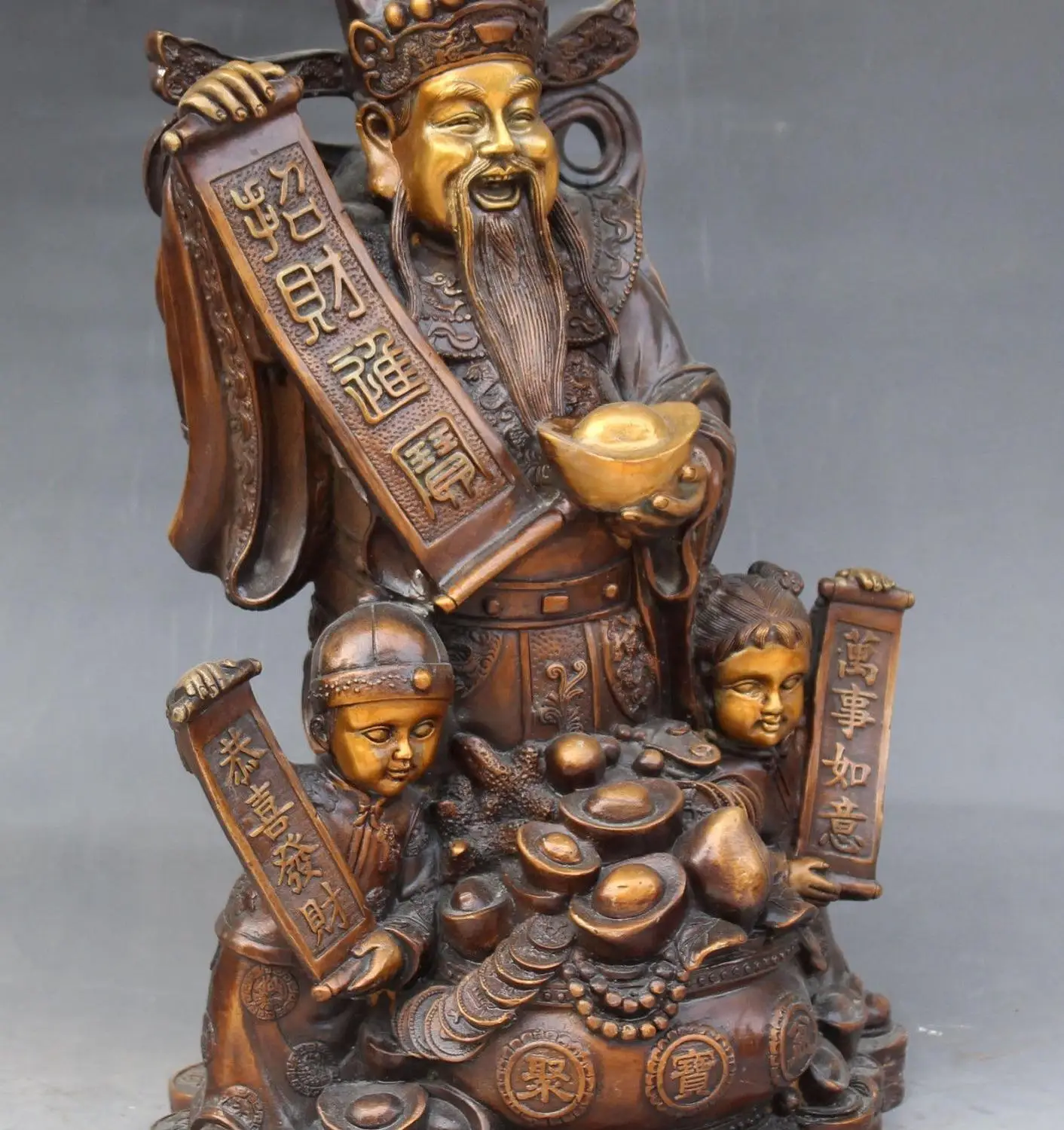 14&quotChinese Bronze Gilt Wealth Treasure bowl Dragon Mamon Tongzi Kid Peach Statue | Дом и сад