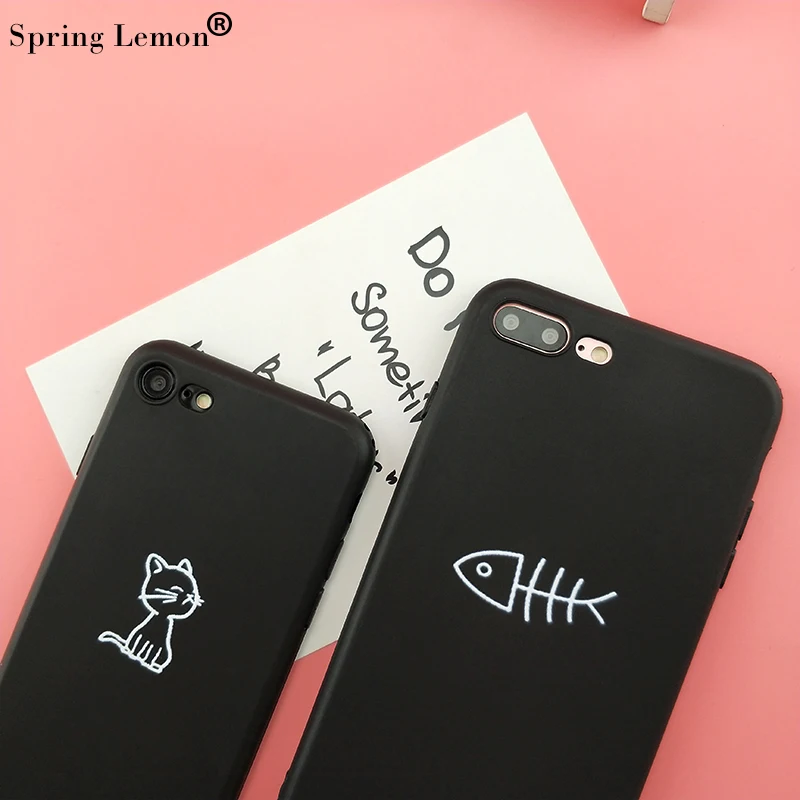 Spring Lemon for IPHONE 8 Case Couple Cat and Fish Lover Soft Silicone Protection iphone 7 7PLUS 8PLUS 6 6PLUS X XS XR |