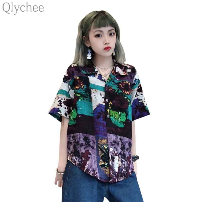 Qlychee Harajuku живопись блузка короткий рукав отложной воротник Кнопка Топы