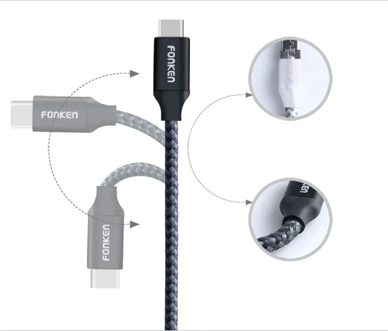 3 шт. fonken Тип USB-C кабель Quick Зарядное устройство Тип c 21AWG Max 2.4A быстрой зарядки Reversible USB c кабель для мобильного телефона