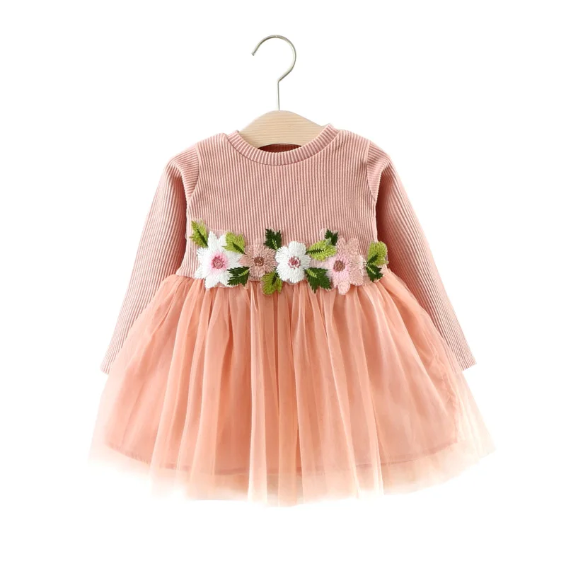 Pink flower dress Милое платье в горошек для маленьких девочек платья принцессы с длинными рукавами и бантом для маленьких девочек Хлопковое осенне-весеннее платье для дня рождения для маленьких девочек 1 год - Цвет: Pink flower dress