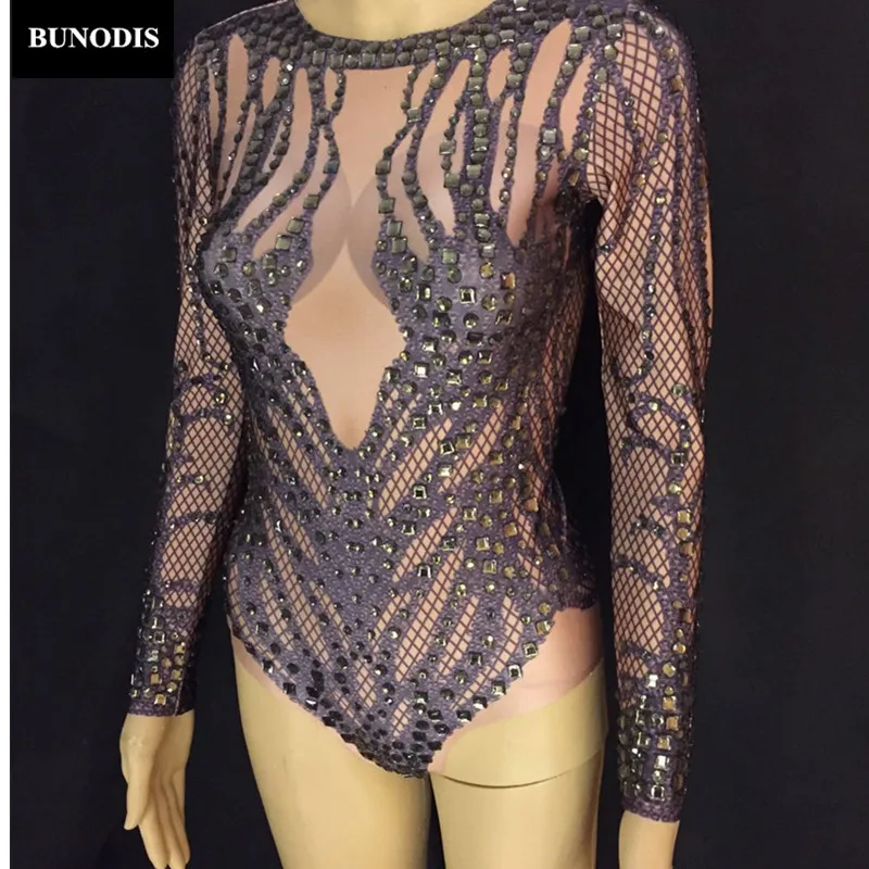 BU054 Черный боди с бриллиантами полный сверкающих кристаллов комбинезон камнями
