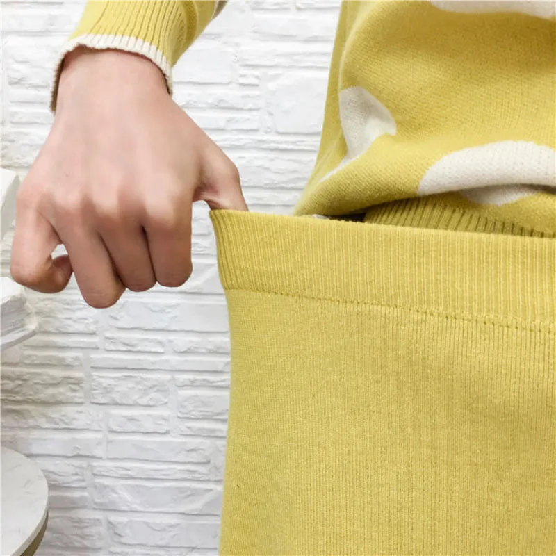 PERHAPS U women knit green gray long sleeve cardigan mid calf pencil midi skirt polka dot two pieces set elegant T0134 | Женская одежда