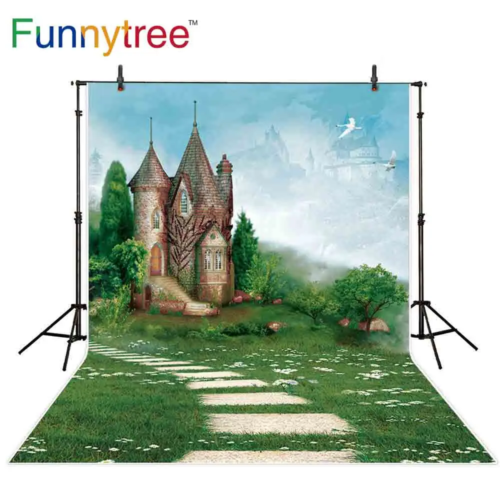 

Funnytree backdrop for photographic studio fariy tale castle grass flower path spring childen background photocall photobooth