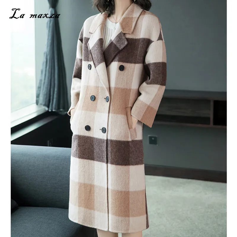 

Женские пальто зимнее длинное шерстяное клетчатое пальто 2020 винтажное элегантное модное корейское двубортное дамское пальто
