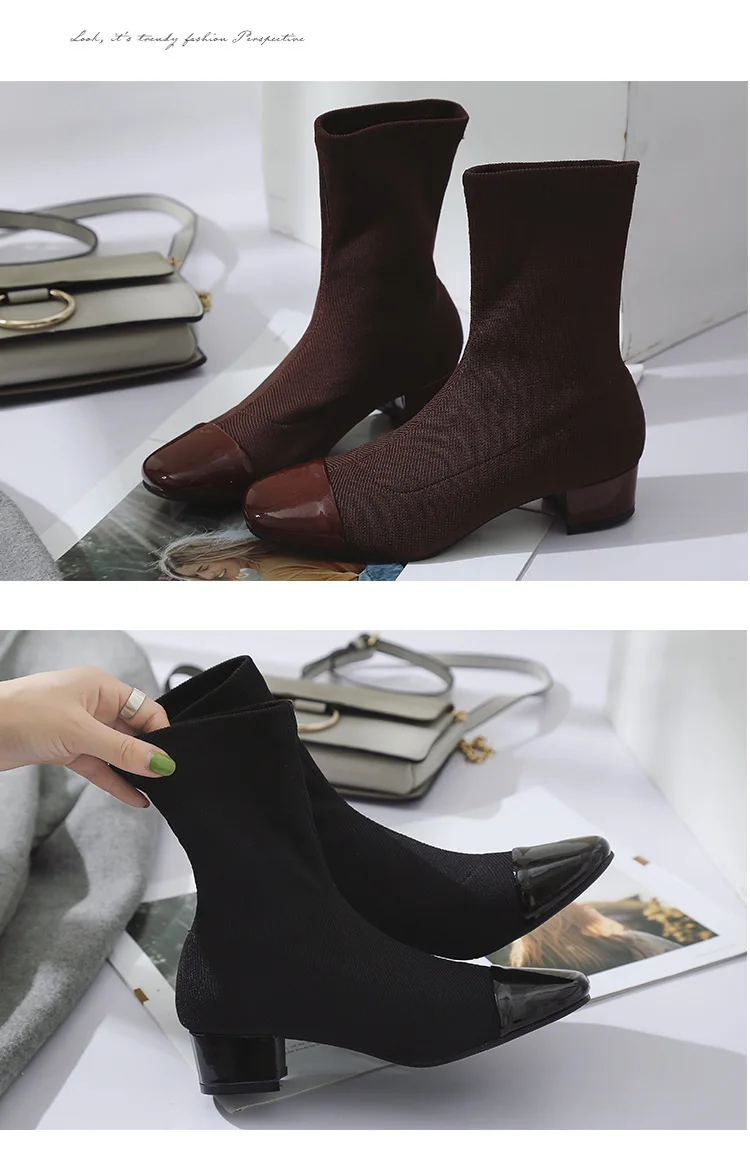 NEW Fashion Female mid calf Sock Boot Chunky Mid Heel Stretch Knit Bootie Elastic Square Toe Sexy Lady Shoe Women Brown Footwear
