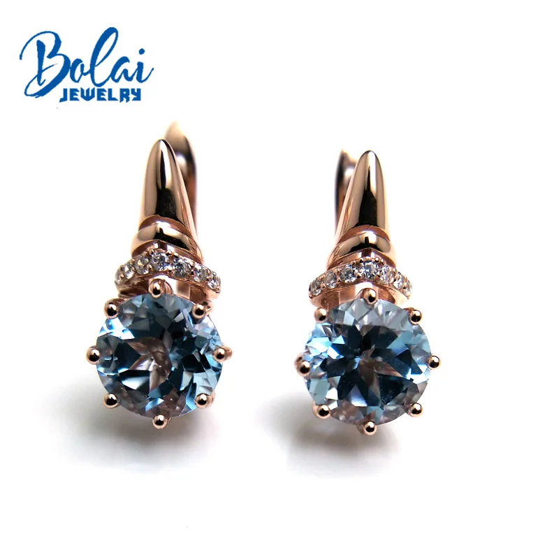 Bolaijewelry, натуральный Небесно-Голубой топаз круглые 925 мм драгоценный камень, модная застежка, серьги, серебро пробы, хорошее ювелирное изделие для женщин, подарочная коробка