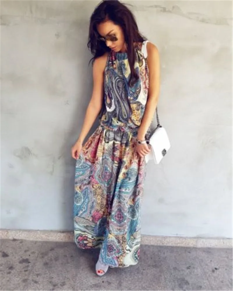 Женское летнее платье без рукавов сексуальное богемное длинное в стиле бохо с