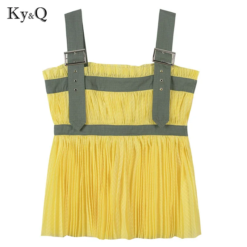 Летние пикантные женские комплект 2018 зеленый желтый без рукавов Топ на лямках и