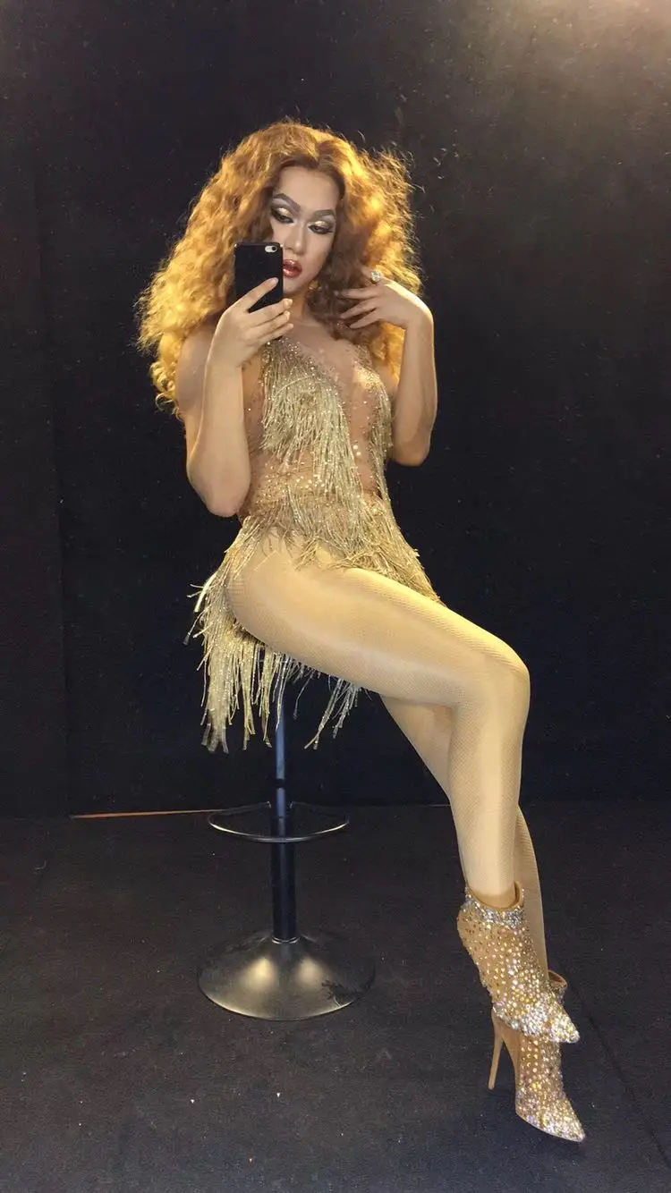 Glisten Beads Costumes Women One-piece Dance Wear Singer Stage Leotard Headdress Sparkly Gold Tassel Bodysuit Rhinestones Outfit |