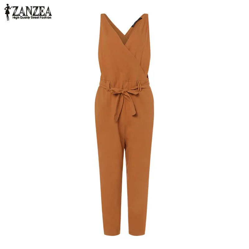 Оранжевый Стильные женские комбинезоны размера плюс ZANZEA Pantalon с v-образным вырезом и поясом, Женские повседневные Комбинезоны, женские Рабочие Штаны, комбинезоны - Цвет: Оранжевый