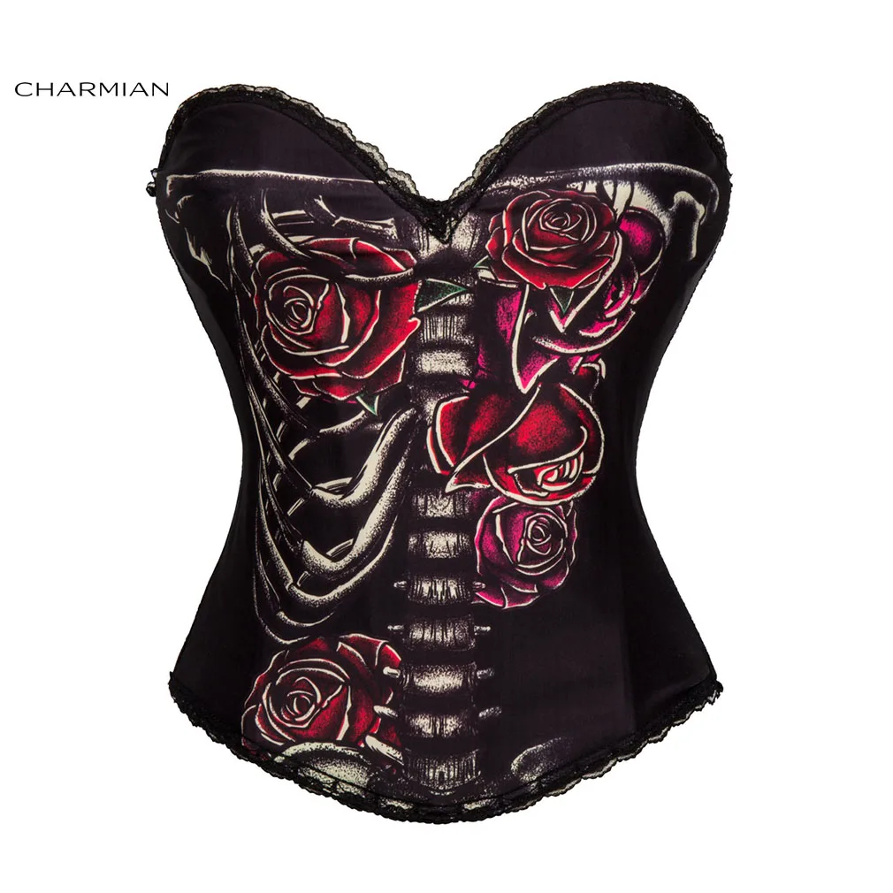 

Charmian Sexy Steampunk Halloween Corset for Women Vintage Rock Overbust Corset Sugar Skull Egypt Style Printed Costume Bustier