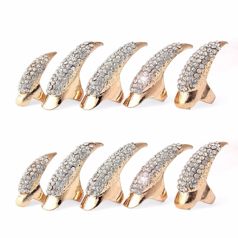 10pcs/set Jewelry Punk Style Crystal Rhinestone Paved Paw Bend Fingertip Finger Claw Ring Set Fake False Nails | Украшения и