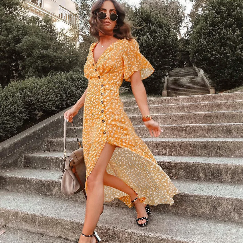 

2019 new Summer V-neck short-sleeved printed single-breasted high-waist irregular dress Lady Party Long Dress