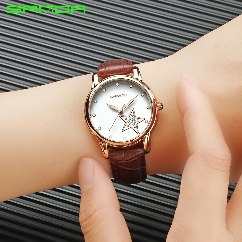 Часы SANDA женские кварцевые с кожаным ремешком модные наручные со звездами
