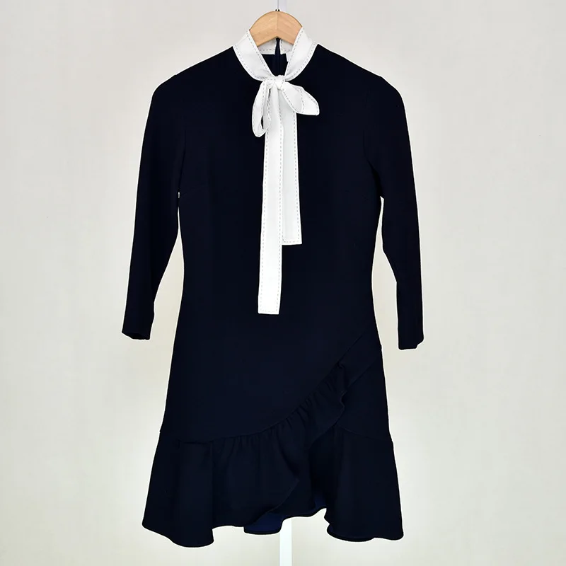 

GUESOD 2017 Autumn Winter Women Dress Elegant French Style Elegant Tie Bow Dress Three-Quarter Sleeve Female Dresses