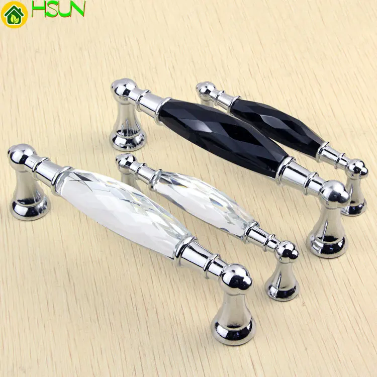 

Glass Dresser Drawer Handles Black / Clear Pulls Chrome Metal / Silver Modern Crystal Cupboard Cabinet Handle Furniture Hardware