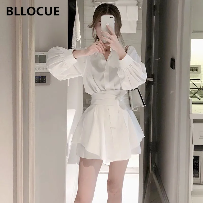 Женский комплект из двух предметов BLLOCUE белая длинная рубашка и шорты с рукавами
