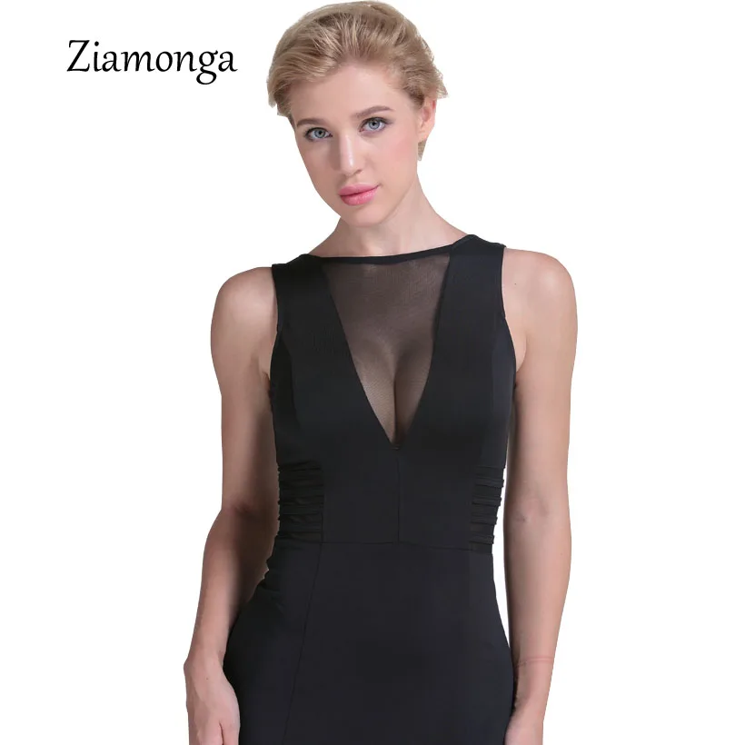 Женское сексуальное черное платье макси с разрезом длинное без рукавов круглым