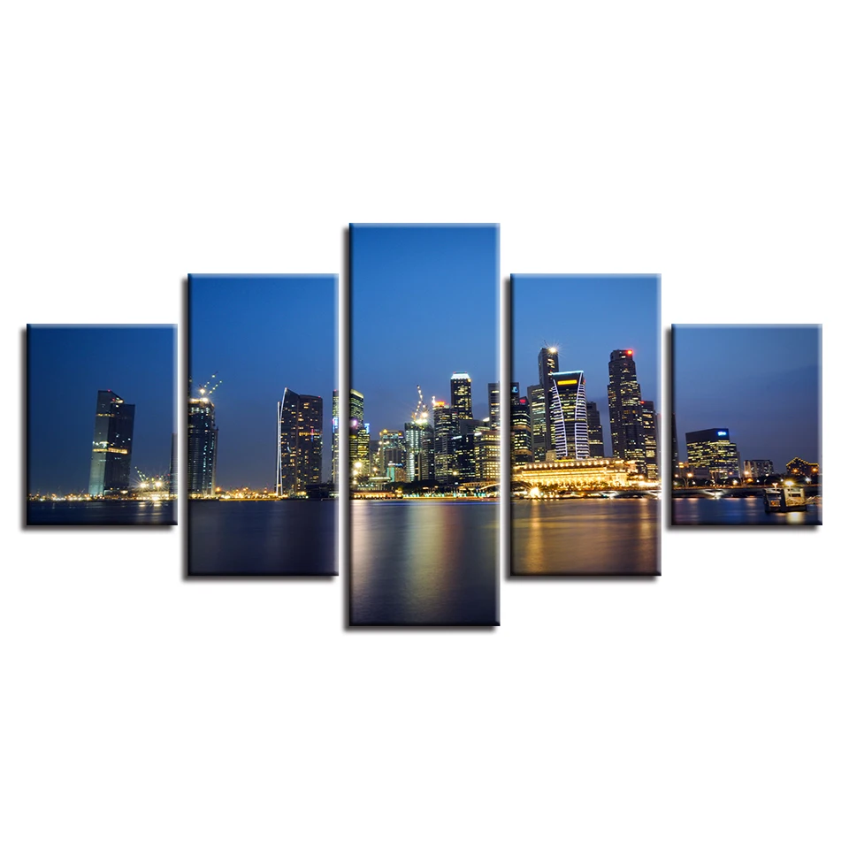 

Modular Framework Pictures Home Decor Canvas 5 Panel Building Night Scene Painting Top-Rated Wall For Living Room Modern Type