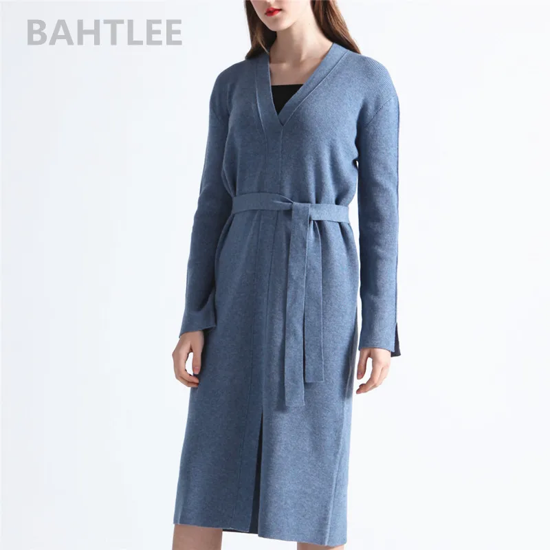 

Женское шерстяное платье BAHTLEE, демисезонное, с длинным рукавом, с поясом, пуловер с вырезом в виде буквы V