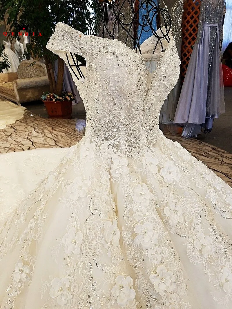 С плеча vestido de noiva кружева вышитое блестящим бисером цветочные подвенечные платья