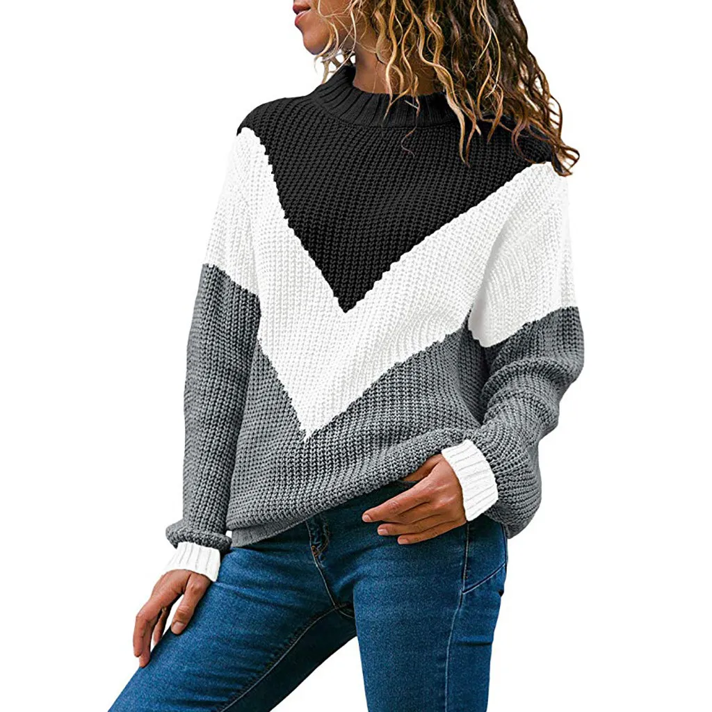 JAYCOSIN Hot Fashion Design Women Round Neck Color Block Long Sleeve Knitted Sweater Tops Pullover Jumper High Quality | Женская одежда