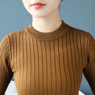 caramel colour Корейский вариант сезон весна-лето половина высокий воротник Модные женские тонкий трикотаж с короткими рукавами; свитер с длинными рукавами - Цвет: caramel colour