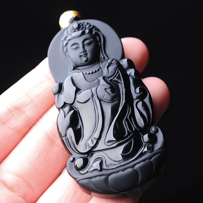 Ожерелье с подвеской AURAREIKI Obsidian Guanyin буддийский амулет Natrual резной кулон ретро