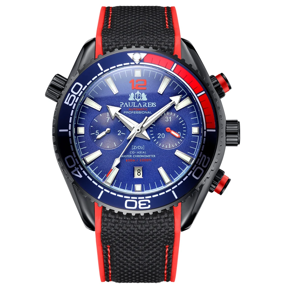 Black Red Blue Автоматические механические холщовые резиновые часы James Bond 007 стиль оранжевый синий красный Многофункциональный Дата месяц мужские спортивные часы - Цвет: Black Red Blue